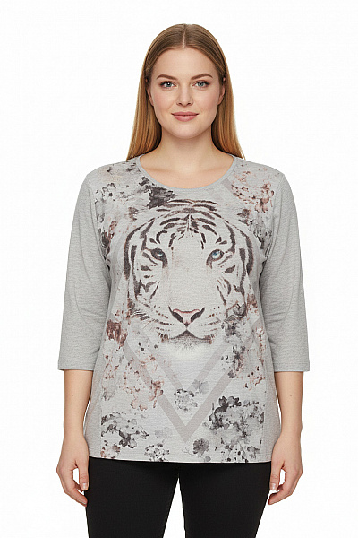 Dámské Tričko šedé S Potiskem Tygra A Květy Tříčtvrteční Rukáv Vel. XL