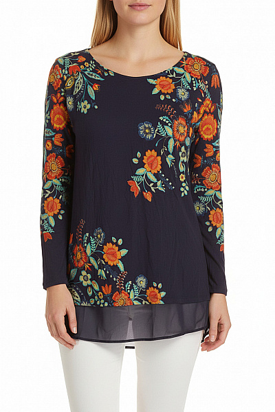 Per Una Dámská Tuniková Halenka Tmavě Modrá Dlouhý Rukáv Květinová Boho Prodloužená Vel. M