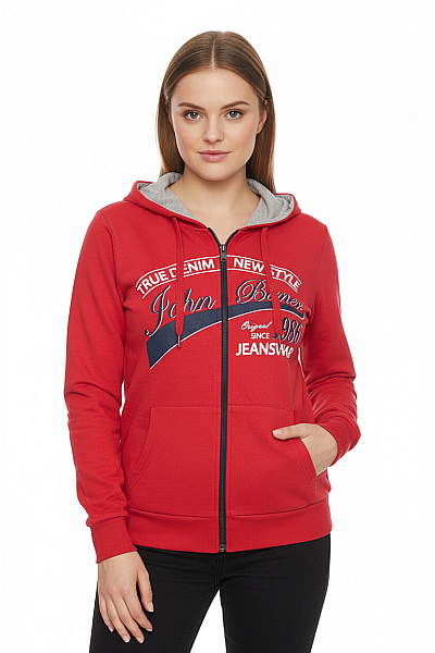 JOHN BANER Červená Mikina S Kapucí A Potiskem John Baner Na Zip Vel. 40/42