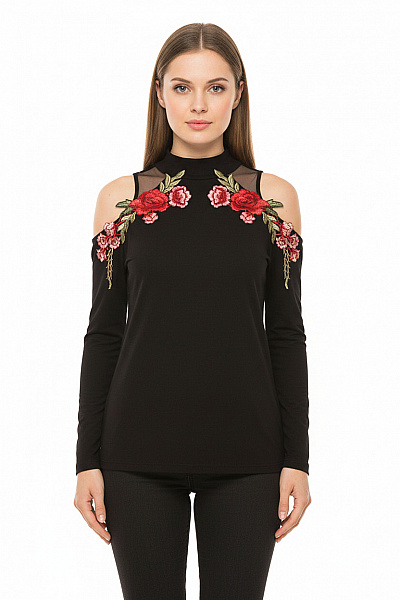 BODY FLIRT Černá Viskózová Halenka S Dlouhým Rukávem A Květinovou Výšivkou Vel. 40/42