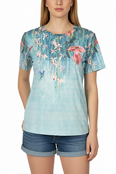 Dámské Tričko S Krátkým Rukávem Modré Květinový Vzor Ptáci Vel. M