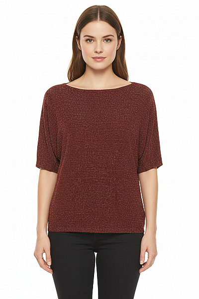 Viskózová Pletená Halenka Bordó Třpytivá Lodičkový Výstřih Krátký Rukáv Volná Velikost XL