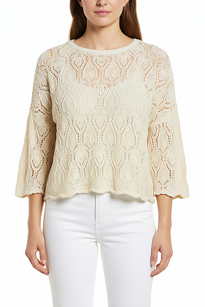 Reserved Dámská Bavlněná Crop Pletená Halenka Krémová Lístkový Vzor Velikost XL