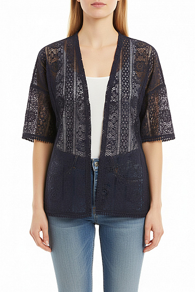 YESSICA Dámský Tmavě Modrý Ažurový Krajkový Kardigan Krátký Volný Vel. M