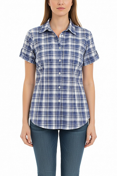 LINDEX Dámská Modrá Kostkovaná Košile Krátký Rukáv Vypasovaná Ležérní Velikost 38