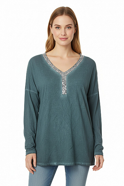 Takko Dámské Tričko Dlouhý Rukáv šedozelené Flitry V-výstřih Velikost M
