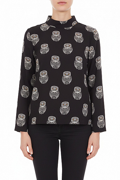 HM  Dámská černá Halenka Sovy Vzor Se Stojáčkem Na Zip Krátký Rukáv Velikost 40