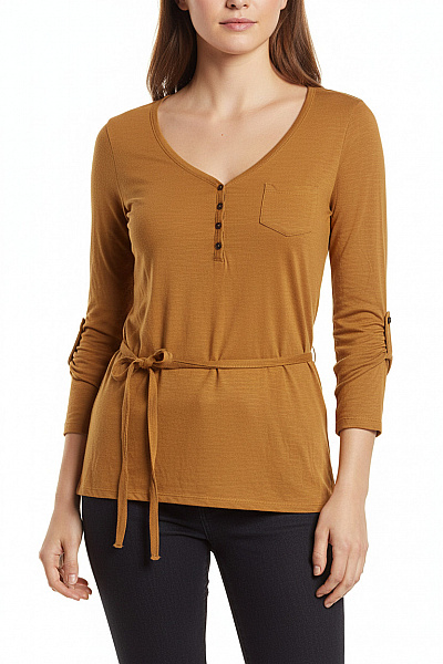 Dámské Hnědé Tričko Dlouhý Rukáv Henley Basic S Kapsou Zavinovací Velikost M