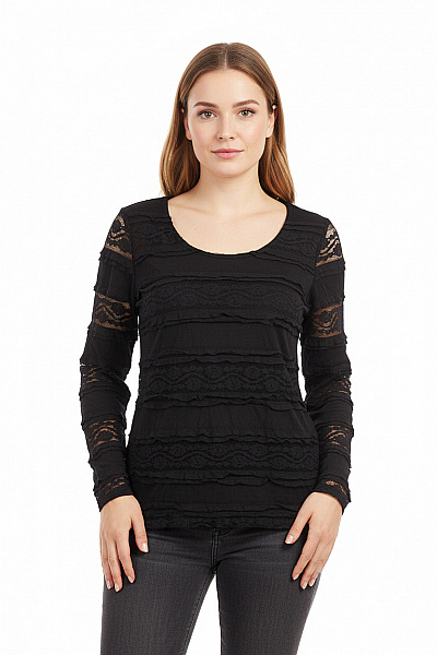 Černé Dámské Tričko S Dlouhým Rukávem Krajka Nabírané Elegantní Vel. L
