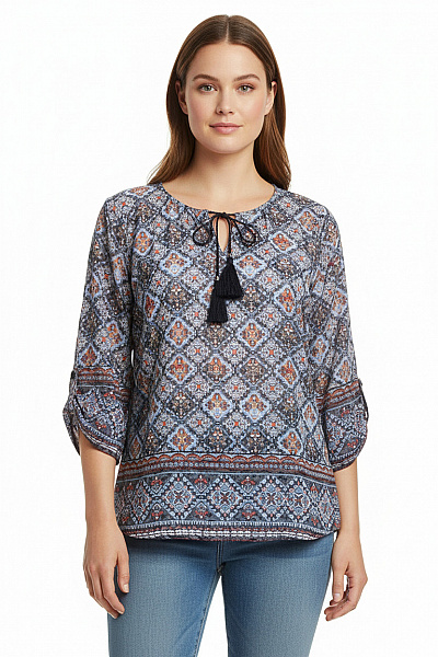 Canda Dámské Tričko S Potiskem Modré šedé Etno Vzor Volánové Rukávy Velikost 42