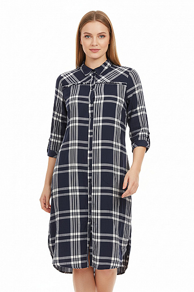 F&F Dámské Modré Kostkované Košilové Tunikové šaty S Dlouhým Rukávem Velikost 42