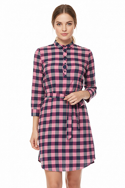 Bavlněné Růžové Modré Kostkované Šaty S Dlouhým Rukávem Košilové S Páskem Vel. 42