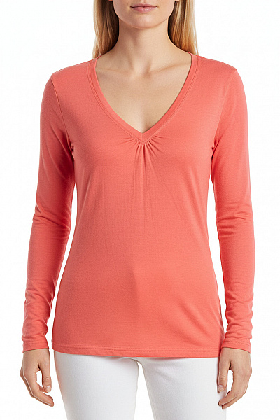 KENVELO Dámské Tričko Dlouhý Rukáv Korálové Basic V-výstřih Přiléhavé Velikost L