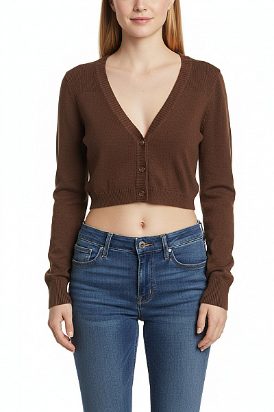 Bershka Hnědé Dámské Crop Top Bolerko S Dlouhým Rukávem A Výstřihem V Vel. M