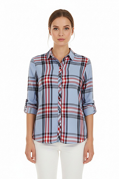 Orsay Dámská Modro-červená Kostkovaná Košile S Dlouhým Rukávem Ležérní Regular Fit Vel. L