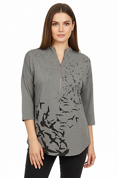 Orsay Dámské šedé Tričko Oversize Se Zipem A Potiskem Ptáků Vel. M