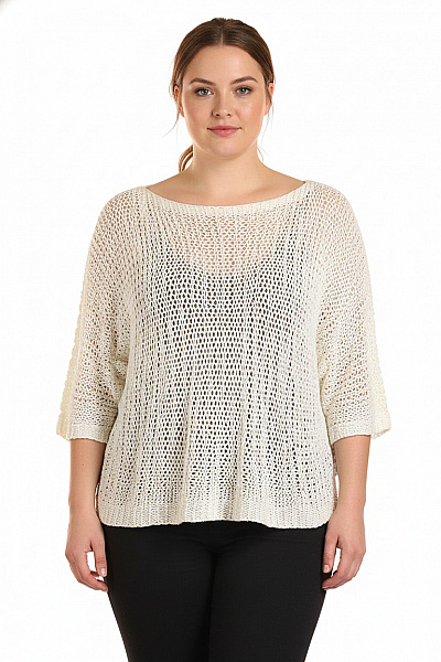 MADE IN ITALY Dámská Krémová Pletená Halenka Oversize Volná Lodičkový Výstřih Velikost XXL