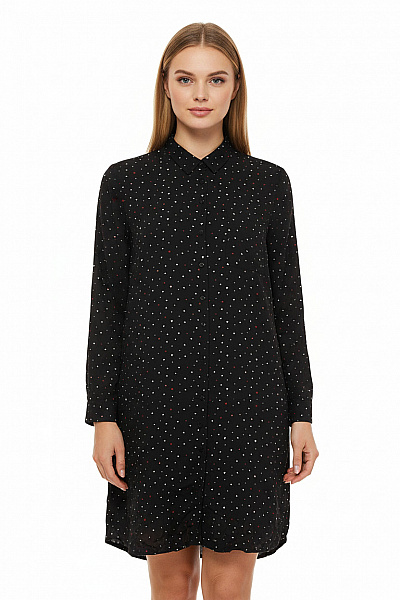 Janina Černé Viskózové šaty Tunikové S Dlouhým Rukávem A Potiskem Srdíček Vel. EU 42