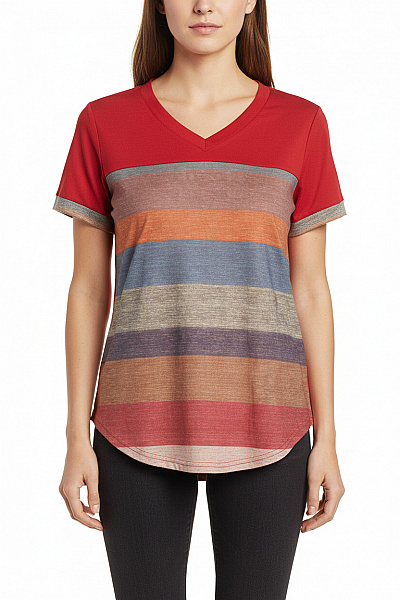 Dámské červené Pruhované Tričko S Krátkým Rukávem A Výstřihem Velikost L