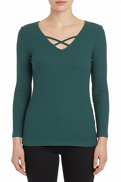 Dámské Zelené Žebrované Tričko Dlouhý Rukáv V-Výstřih Překřížený Vel. XS
