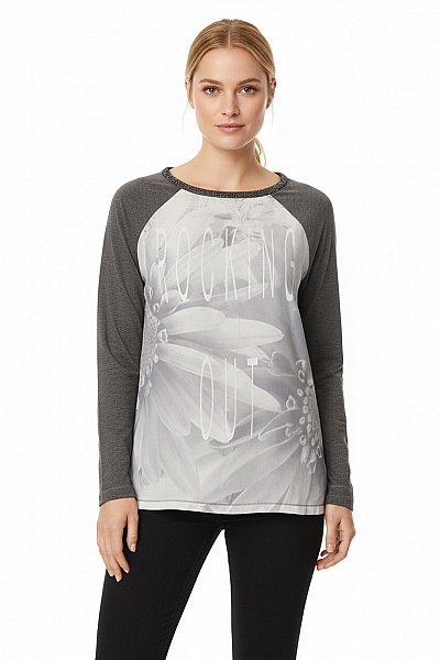 CHARLES VÖGELE Dámská šedá Halenka S Dlouhým Rukávem A Květinovým Potiskem S Kamínky Vel. M