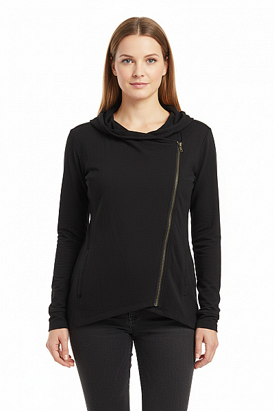 RAINBOW Dámská Bavlněná Mikina černá Asymetrická Na Zip S Kapucí Velikost 40/42