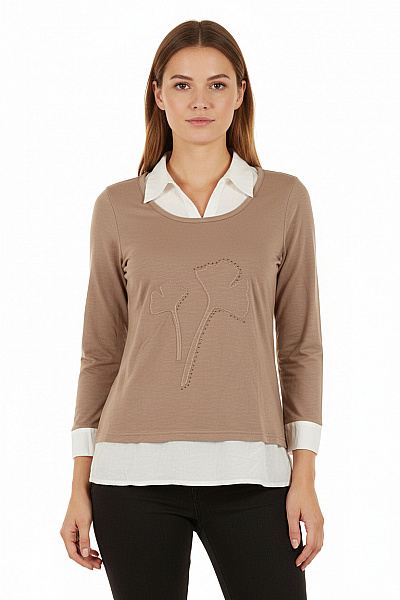 Dámská Hnědá Halenka S Límečkem A Kamínky Dlouhý Rukáv Tuniková Velikost M