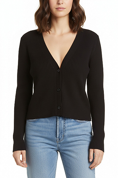 Dámský černý žebrovaný Crop Kardigan S Knoflíky Velikost M