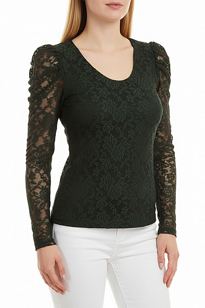 ONLY Dámská Tmavě Zelená Krajková Halenka S Dlouhým Rukávem A Výstřihem Do V Vel. M