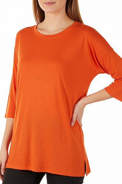 F&F Dámské Oranžové Modalové Tričko Basic S Kulatým Výstřihem A Tříčtvrtečním Rukávem Vel. 38
