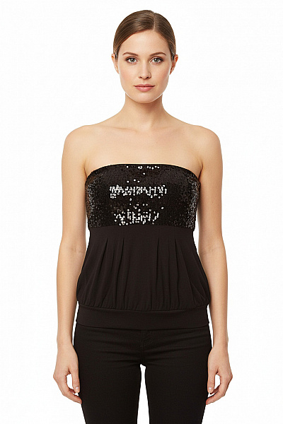 Crazy World Dámský černý Top Bez Ramínek Flitry Nabíraný Velikost M