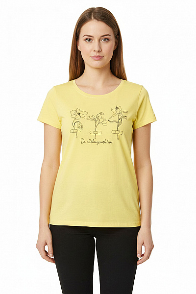 BELOVED Dámské žluté Tričko S Krátkým Rukávem A Květinovým Potiskem Velikost M