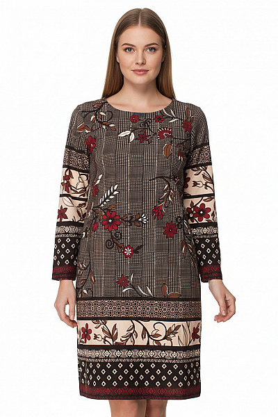 Dámské šaty S Krátkým Rukávem Kostkované Květované Hnědé Béžové Velikost M