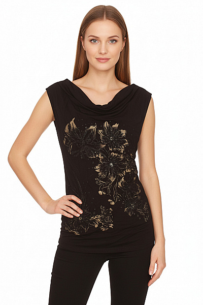 Orsay Dámské černé Tričko Bez Rukávů S Květinovým Potiskem A Třpytkami Vel. XS