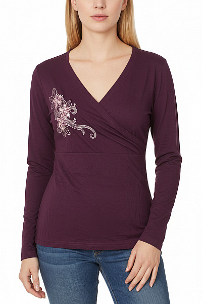 X-Mail Dámské Fialové Tričko Zavinovací S Dlouhým Rukávem A Květinovou Výšivkou Vel. M