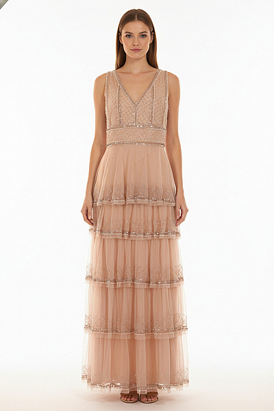 LACE &BEADS Dlouhé Společenské šaty Bez Rukávů Třpytivé Vrstvené Vel. 18