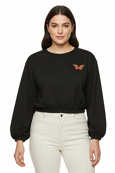 Shein Dámský černý Crop Top S Motýlem A Balonový Rukáv Vel. M