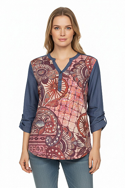 Smash! Dámská Tuniková Halenka Modrá S Potiskem Květinová Boho Volná Prodloužená Velikost L