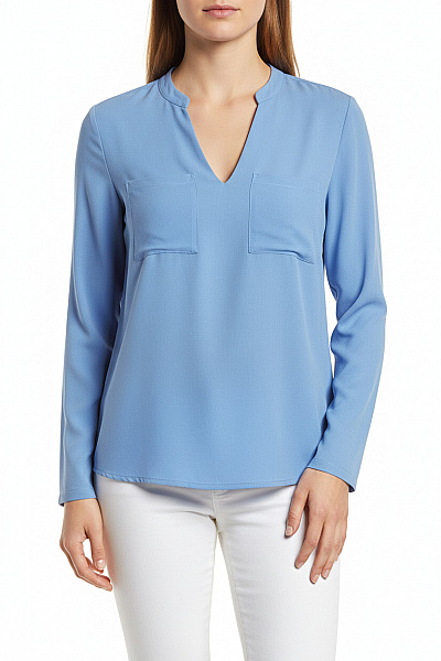 JEAN PASCALE Dámská Viskózová Modrá Halenka S Dlouhým Rukávem A Kapsami Volná Velikost M