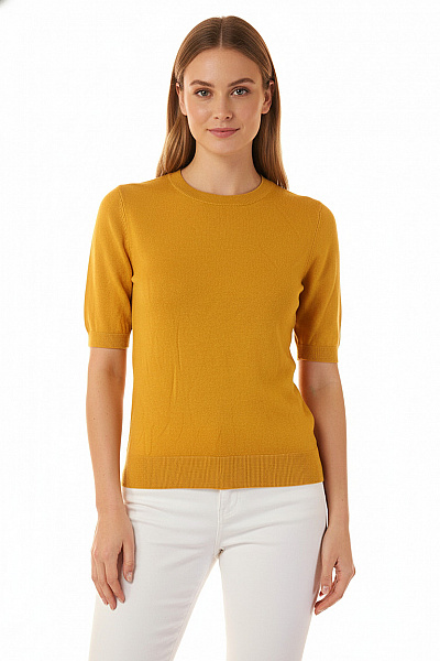 F&F Dámský Viskózový žebrovaný Pulovr Krátký Rukáv Basic žlutý Vel. 38