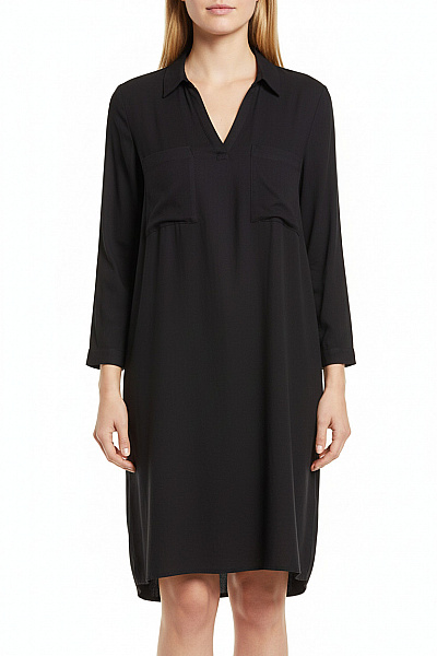 BONPRIX Černé Lyocellové Tunikové šaty S Dlouhým Rukávem A Kapsami Velikost 44