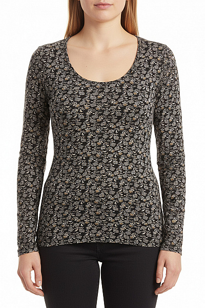 TEZENIS Dámské černé Tričko S Dlouhým Rukávem Květinový Vzor Slim Fit Vel. L