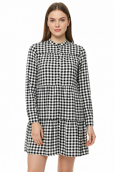 FISHBONE Dámské Viskózové šaty Tunikové Kostkované černo-bílé S Dlouhým Rukávem Volné Denní Velikost 36