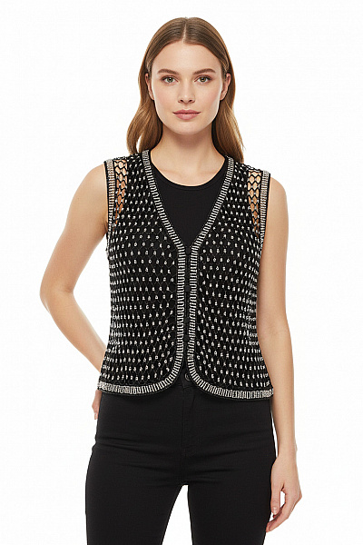 Dámská Krátká černá Korálková Síťovaná Vesta Elegantní Vel. XS