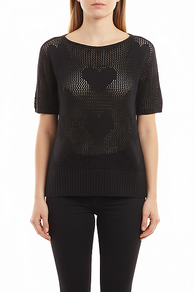 Janina Dámská černá Pletená Halenka Síťovaná Krátký Rukáv Srdce Velikost 44