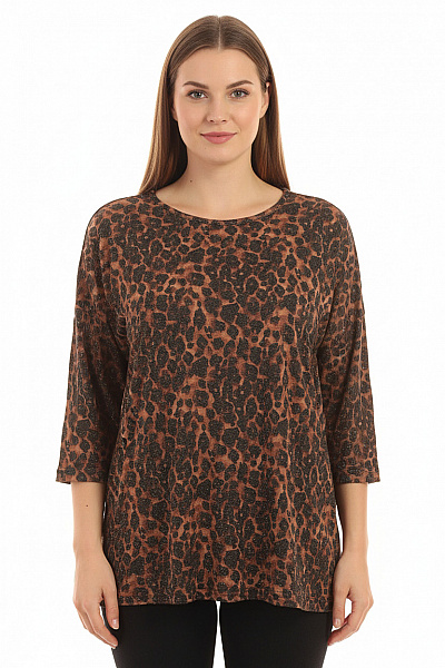 Janina Hnědá Halenka Zvířecí Potisk Lesklá 3/4 Rukáv Volná Vel. 46