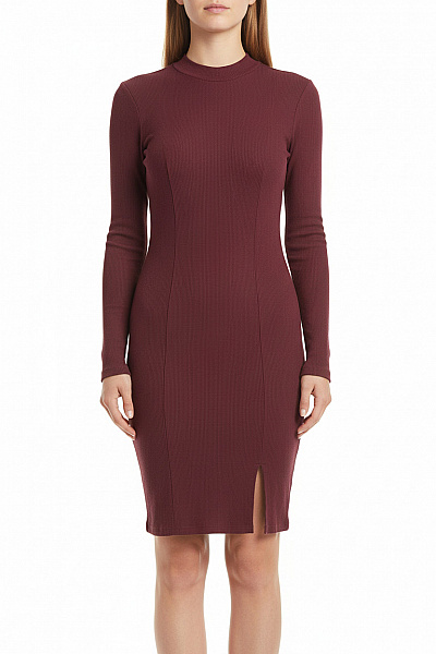 Sinsay Dámské Upnuté žebrované Mini šaty S Rozparkem Vínové Velikost L