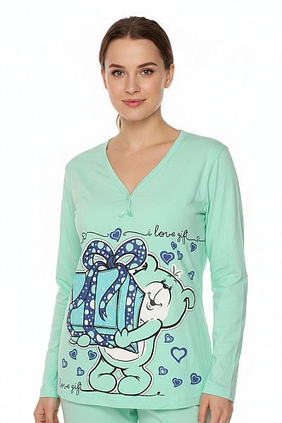 Dámské Dlouhé Pyžamo Mint Medvídek Dárky Srdce Vel. L