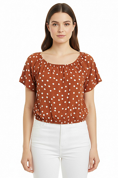 Amisu Dámská Crop Halenka Hnědá Bílá Puntíkovaná Krátký Rukáv Letní Vel. 40