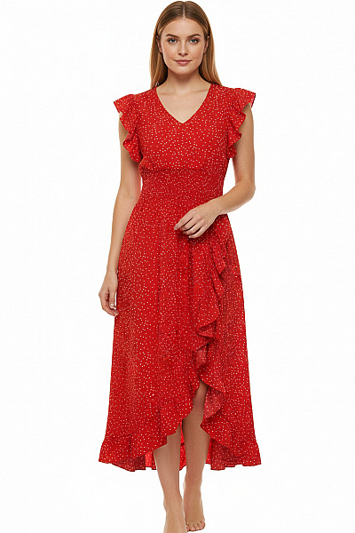 Červené Puntíkované Letní Zavinovací šaty Midi Velikost S
